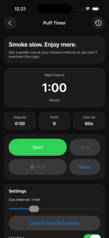 Puff Timer screenshot. Puff timer smoking assistant from Humidor Companion.